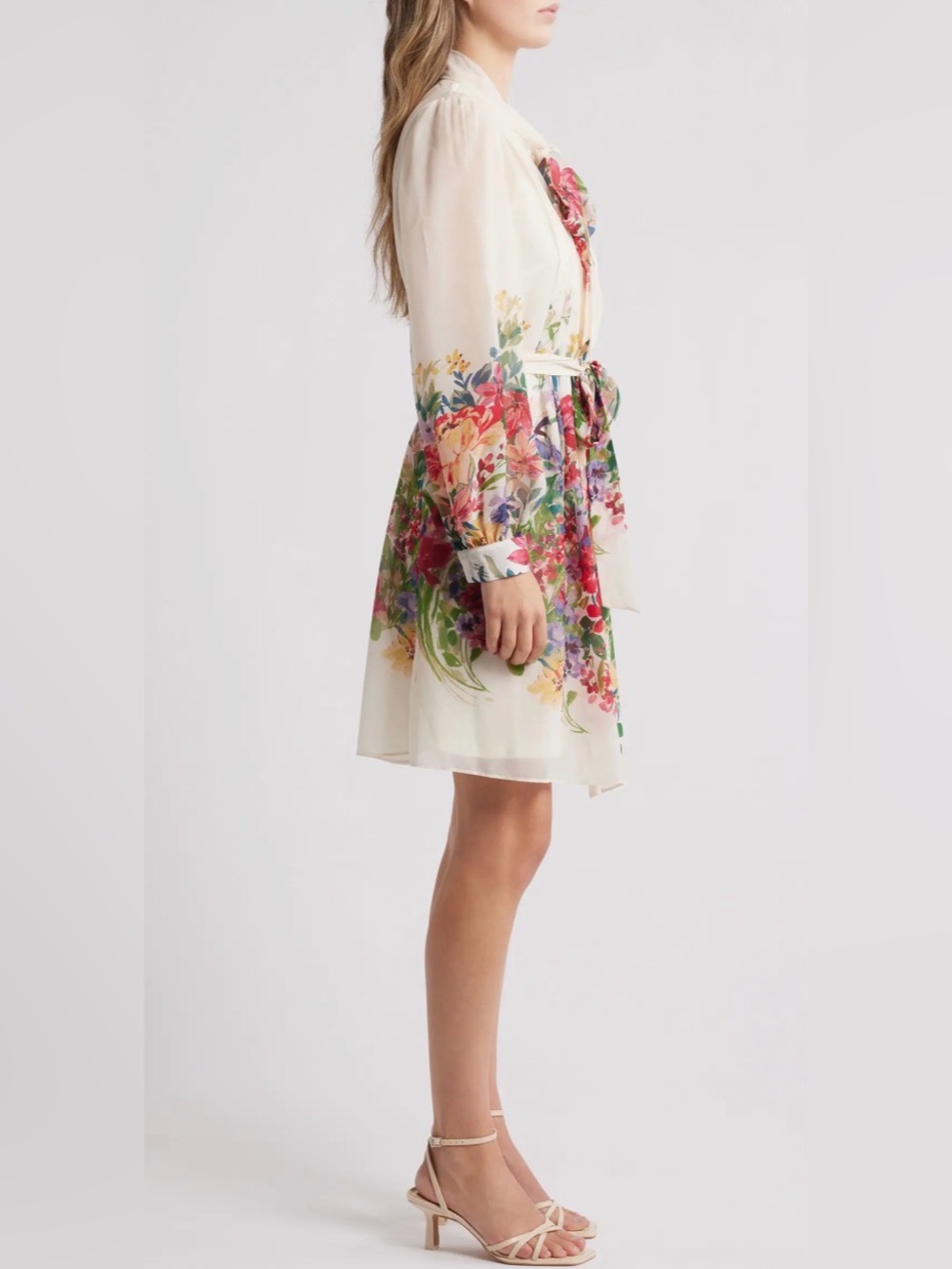 NWT Julia Jordon Floral Chiffon Long Sleeve Dress M Bow Tie Neck removable slip